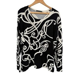Pierri New York Sweater Abstract Swirl Beaded Bodice Bold Artsy Black White LG‎